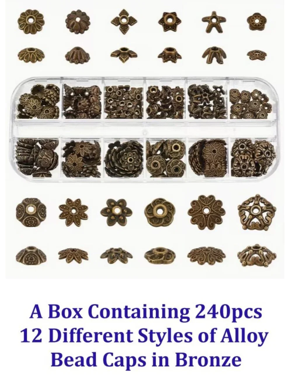 A Box Containing 240pcs 12 Different Styles of Alloy Bead Caps in Bronze